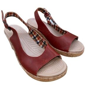 Crocs A Leigh Red Leather Cork Wedge‎ Heel Slingback Sandals  Women's 8, EUC